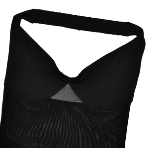 Detail of elegant black tube top with sheer mesh paneling and halter neckline texture