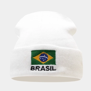 White knit beanie featuring Brazil flag embroidery and Brasil text in a classic style