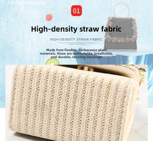 Macro detail of high-density straw weave with decorative pearl handle and floral trim