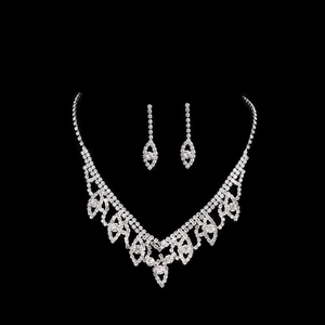 Elegant leaf rhinestone necklace and earrings set in silver finish for bridal wear