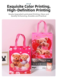 Close-up of pink Teddy Bear gift bags with Love heart patterns and durable handles