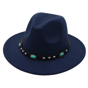 Wide Brim Fedora Hat Cotton Polyester Felt Western Cowboy With Turquoise And Metal Rivets Retro Jazz Style For Men Women