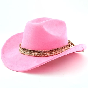 Detail of pink faux suede cowboy hat featuring sequin woven bohemian decorative band