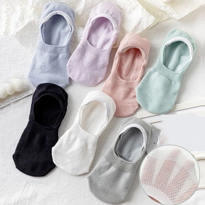 Breathable cotton invisible boat socks in various pastel colors with mesh texture