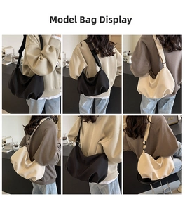 Collage of black and beige slouchy tote bags showing fit on model in cafe setting