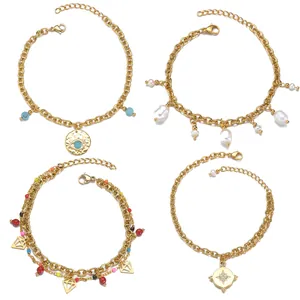 Retro Evil Eye Star Compass Bracelet For Women Stainless Steel With Turquoise Zircon Faux Artificial Pearl Double Layer Jewelry