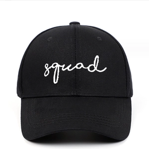 Classic black cotton baseball cap with white squad embroidery for casual outdoor wear