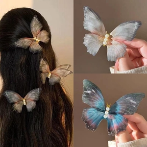 Elegant Butterfly Hair Clip With Tulle Wings And Faux Artificial Pearls Fairy Gradient Hairpin Duckbill Side Clip Women