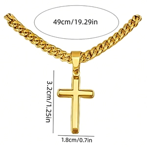 Detailed view of golden cross pendant necklace with precise dimensions 49cm length