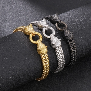 Mens hip hop double wolf head stainless steel bracelets in gold, silver, and black