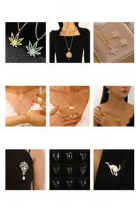 Detailed showcase of maple leaf brooches and rhinestone jewelry sets with gold finish
