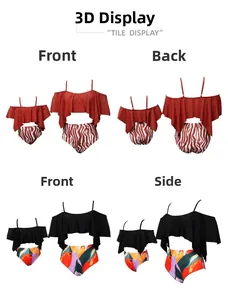 Flat lay of red and black ruffle bikini sets with zebra and floral prints for mother and daughter