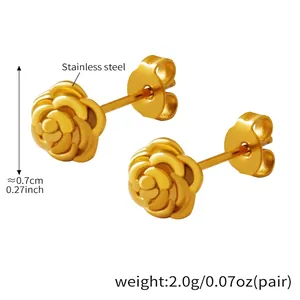 Detail view of 18k gold-plated stainless steel rose stud earrings with dimensions and weight