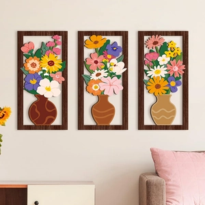 Set de 3 cuadros decorativos 3D de madera vintage con jarrones de flores coloridas