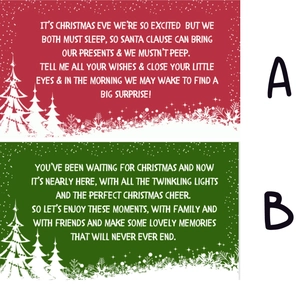 Close-up of festive Christmas cards in red and green with white tree and snowflake patterns