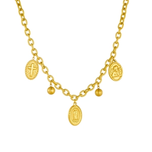 Gold stainless steel chain necklace with religious oval pendants and Guadalupe charms