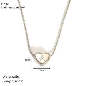 Detail view of heart pendant necklace in 304 stainless steel with letter A engraving
