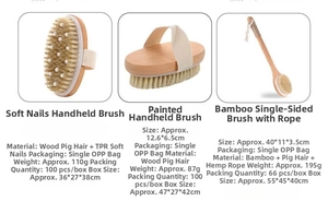 Close-up of dual-sided bath brushes with natural bristles, bamboo handle and TPR massage nubs