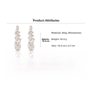 Detailed spec sheet showing silver tassel earrings with alloy and rhinestone material details
