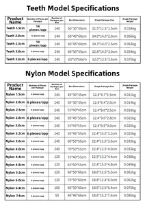 Detailed specification chart for nylon and toothed hair rollers in various sizes and weights