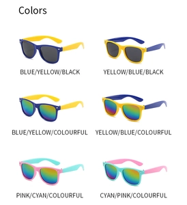 Macro view of six colorful children's sunglasses in a variety of frame and lens colors