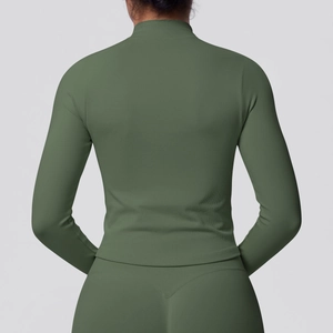 Close-up back view of tight-fit yoga jacket with ribbed waist detailing in olive green