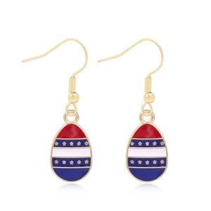 Detail of gold-tone teardrop earrings with American flag stripes and stars pattern