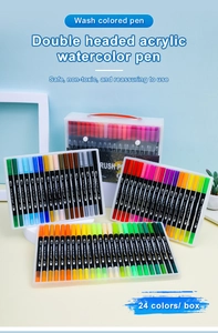Detail view of 24 colors double headed acrylic watercolor pens in a portable storage box