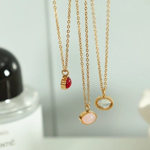 French vintage red agate pendant necklace set with gold stainless steel chains