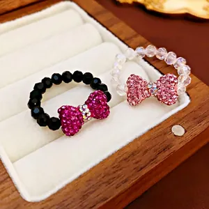 Beaded Bowknot Rhinestone Crystal Ring Elastic Korean Style Sweet Fashion Accessory For Women