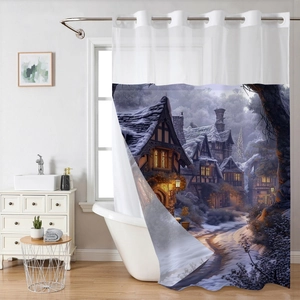 Detail of waterproof Christmas shower curtain with snow village scene and semi-sheer top