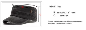 Size chart showing head circumference and dimensions for the cotton flat top military cap