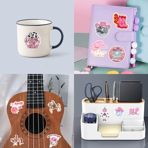 Pink disco cowgirl stickers set shown on mugs, notebooks, and ukulele for decoration