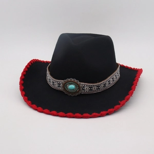 Black western felt cowboy hat with red crochet edge and ethnic turquoise hatband