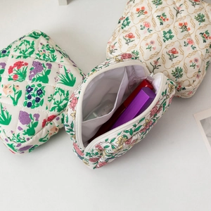Quilted floral sanitary pouch set with zipper and inner pocket for makeup storage