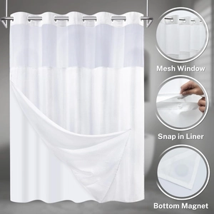 Detail of waffle weave shower curtain with breathable mesh window and snap-in liner