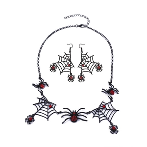 Gothic black metal spider web necklace set with red rhinestone details on white background