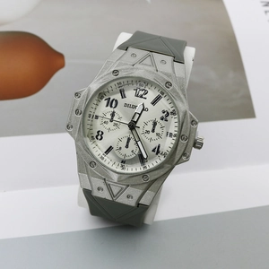 Men's fashion sport watch with large white dial and grey silicone strap on display