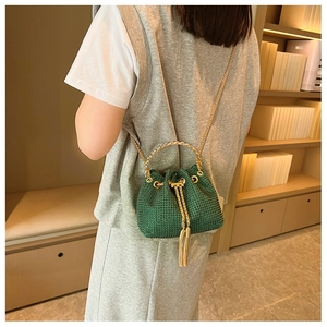 Rear view of model wearing a green rhinestone bucket bag with golden chain and tassels