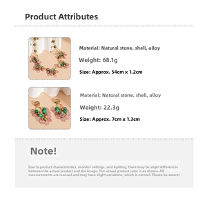 Detailed size and weight chart for bohemian shell and green natural stone jewelry set