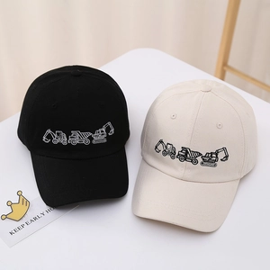 Kids baseball cap with excavator embroidery in black and beige cotton twill fabric
