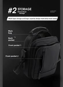 Vue détaillée du sac bandoulière noir avec compartiments de rangement principaux et avant