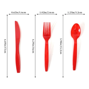 Detailed dimensions of red Christmas disposable plastic knife, fork, and spoon set