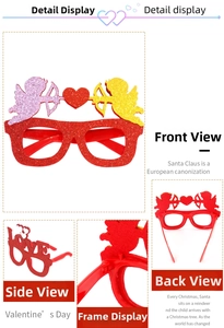 Detail view of red glitter Valentine glasses featuring Cupid motifs and LOVE letters