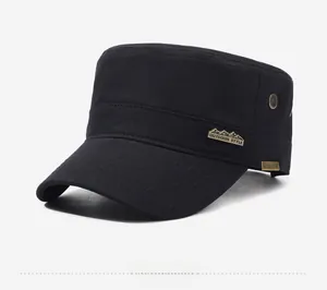 Detail shot of black cotton flat top army cap with metal Outdoor Style emblem and vent holes