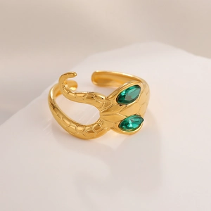 Snake shaped gold stainless steel ring with emerald green eyes and scale texture