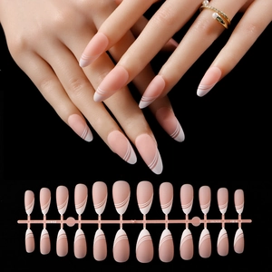 Matte nude almond press-on nails with white French tips and full 24-piece set layout