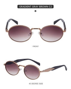 Front and 45-degree side views of retro oval metal sunglasses with gradient gray lenses