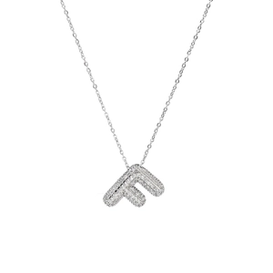 Detail of silver letter F bubble pendant necklace with micro-paved white cubic zirconia