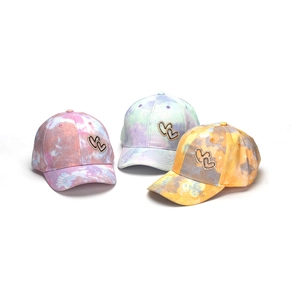 Kids tie-dye baseball caps with rhinestone heart detail in three colorful pastel styles
